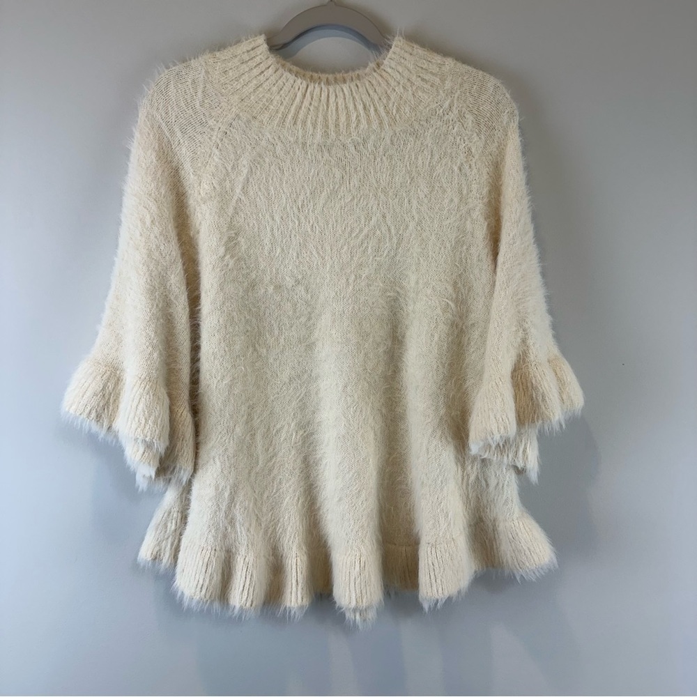 3 Sisters Cream Off White Fuzzy Fluffy Cozy Peplum Bell Sleeve Sweater Medium